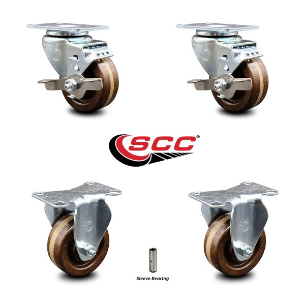 Service Caster 3 Inch High Temp Phenolic Wheel Swivel Top Plate Caster Set with 2 Brake 2 Rigid SCC-20S314-PHSHT-TLB-TP2-2-R-2 - main
